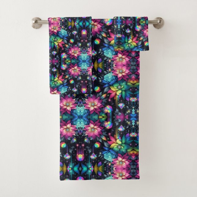 Boho Black Floral Rainbow Bath Towel Set (Insitu)