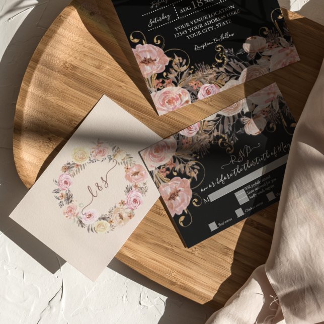 Boho Black Floral Rose Pink Or RSVP (Créateur téléchargé)