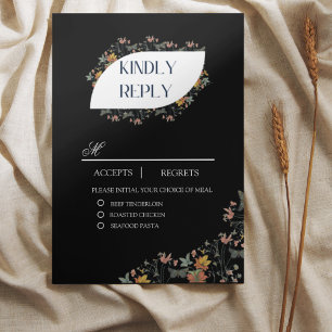 Boho black Floral With Meals RSVP Card