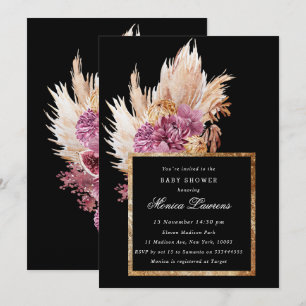 Boho Black, Gold Floral Bridal Shower Invitation