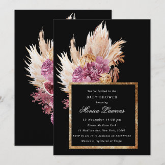 Boho Black, Gold Floral Bridal Shower Invitation