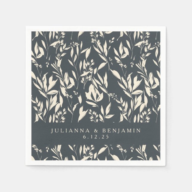 Boho Black Hand Drawn Floral Wedding Custom  Napkin (Front)