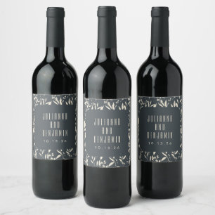 Boho Black Hand Drawn Floral Wedding Custom  Wine Label