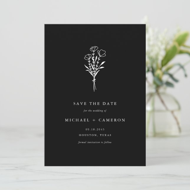 Boho Black Minimalist Botanical Bouquet Save The Date (Standing Front)