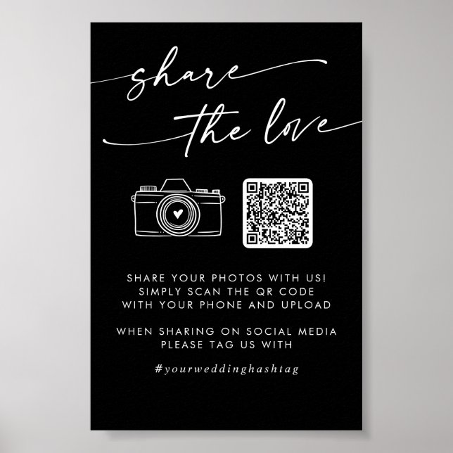 Boho Black Wedding Share the Love QR Code Poster (Front)