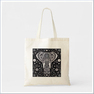 Boho Black & White Batik Elephant Tote Bag