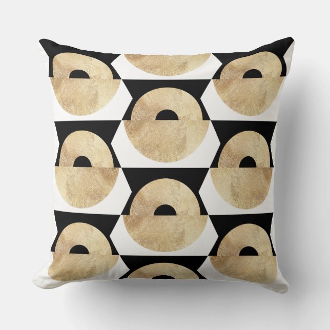 Boho black white gold geometric pattern throw pillow (Front)