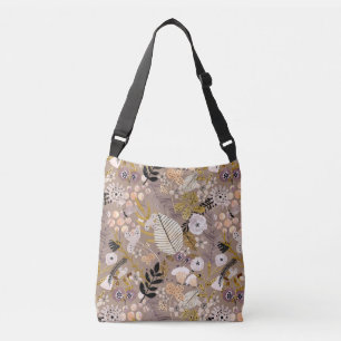 Boho Black White Gold Peach Line Drawn Leaf Floral Crossbody Bag