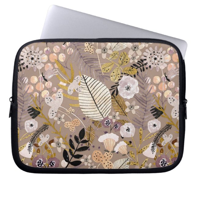 Boho Black White Gold Peach Line Drawn Leaf Floral Laptop Sleeve (Front)