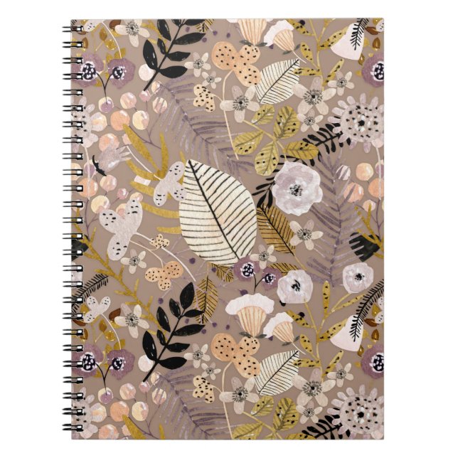 Boho Black White Gold Peach Line Drawn Leaf Floral Notebook (Front)