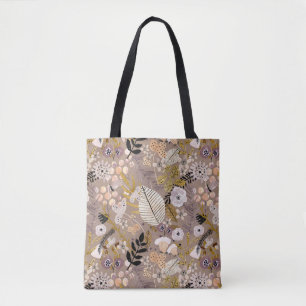 Boho Black White Gold Peach Line Drawn Leaf Floral Tote Bag