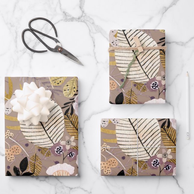 Boho Black White Gold Peach Line Drawn Leaf Floral Wrapping Paper Sheet (Front)