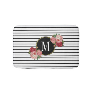Boho Black White Striped Vintage Floral Monogram Bath Mat
