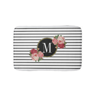 Boho Black White Striped Vintage Floral Monogram Bath Mat