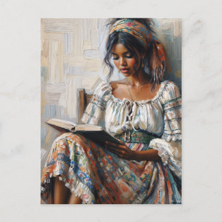 Boho Black Woman Reading Bohemian Postcard