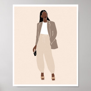 Boho Black Woman Taupe Blazer Neutral Outfit Art Poster