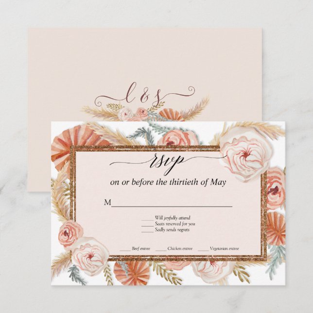 Boho Blanc Floral Tropical Palm Pampas Grass RSVP (Devant / Derrière)