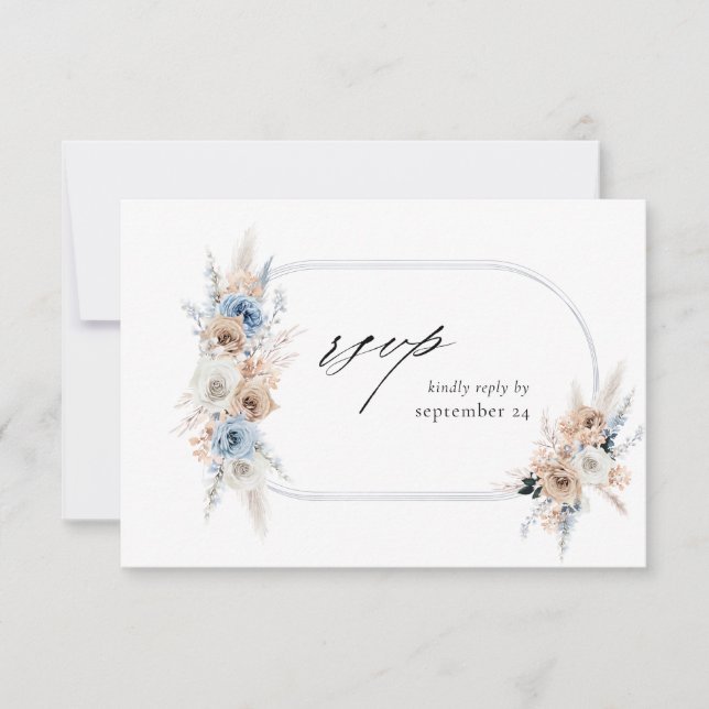 Boho bleu et beige Floral w Repas Carte RSVP 2 (Devant)