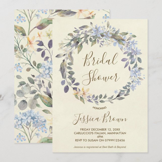 boho bleu fleuri couronne nuptiale invitation à la (Devant / Derrière)