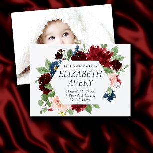 Boho Bloom Bugundy Red and Navy Blue Photo Birth Announcement