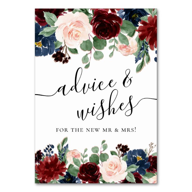 Boho Bloom | Burgundy and Navy Blue Advice Wishes Table Number (Front)