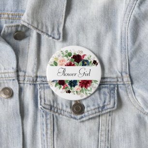 Boho Bloom Burgundy and Navy Blue Bridal Party 3 Inch Round Button