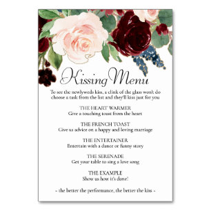 Boho Bloom Burgundy and Navy Blue Kissing Menu Table Number