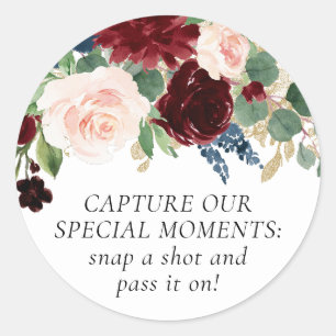 Boho Bloom   Burgundy and Navy Disposable Camera Classic Round Sticker