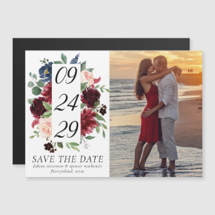 Boho Bloom Burgundy and Navy Photo Save the Date Magnetic Invitation