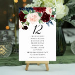 Boho Bloom | Burgundy Blush and Navy Guest Names Table Number<br><div class="desc">Rich boho chic hand-painted flower bouquets in a burgundy red, blush pink, and navy blue watercolor floral wreath pattern embellished by botanical laurel and deep blue accents. From the "Boho Bloom" collection, this gorgeous layout features a Bohemian wildflower arrangements with red, pink, and blue radiant flower blooms and eucalyptus greenery...</div>
