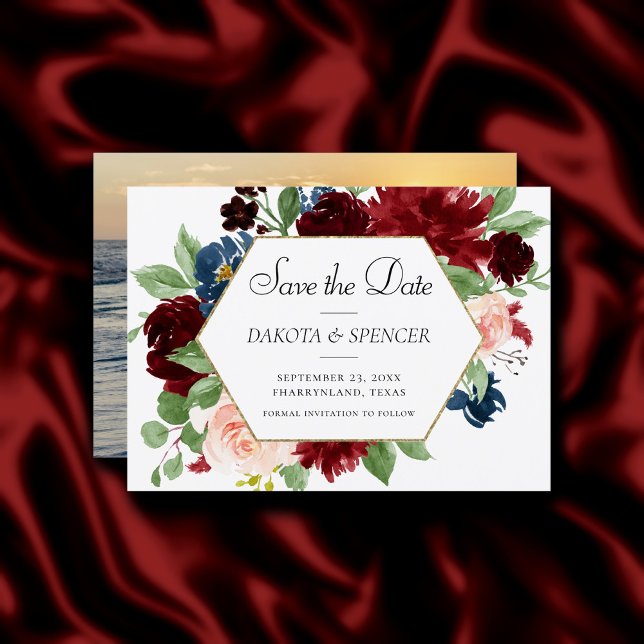 Boho Bloom | Burgundy Red and Blue Date Change Save The Date (Creator Uploaded)