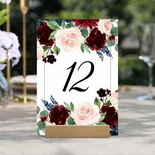 Boho Bloom   Burgundy Red and Navy Blue Bouquets Table Number