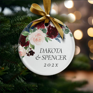 Boho Bloom Burgundy Red and Navy Blue Custom Ceramic Ornament