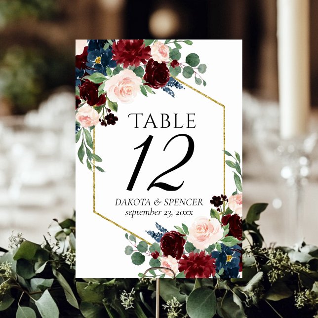 Boho Bloom | Burgundy Red and Navy Blue Custom Table Number (Creator Uploaded)