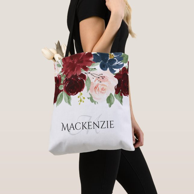 Boho Bloom | Burgundy Red and Navy Blue Custom Tote Bag (Close Up)