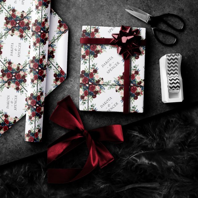 Boho Bloom | Burgundy Red and Navy Blue Custom Wrapping Paper (Creator Uploaded)