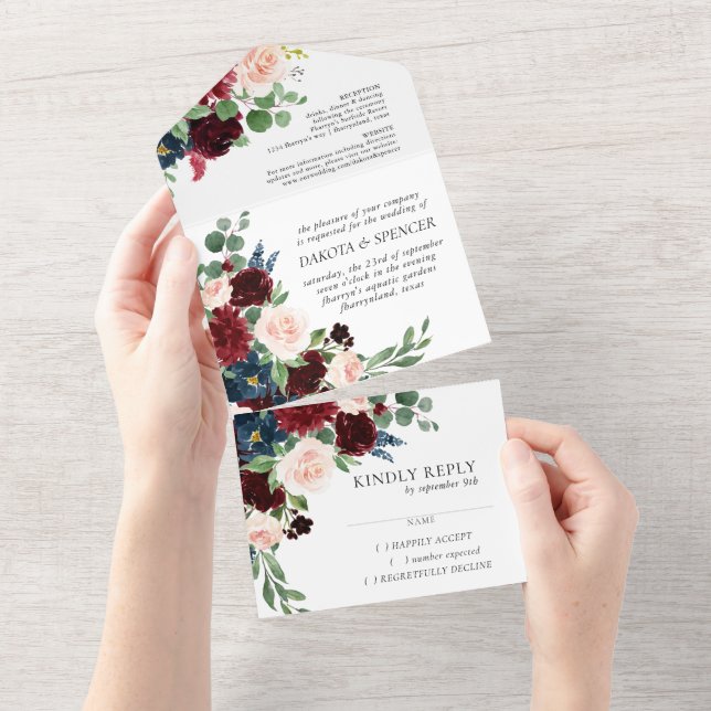 Boho Bloom | Burgundy Red and Navy Blue Floral All In One Invitation (Tearaway)