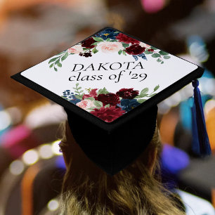 Boho Bloom Burgundy Red and Navy Blue Floral Graduation Cap Topper