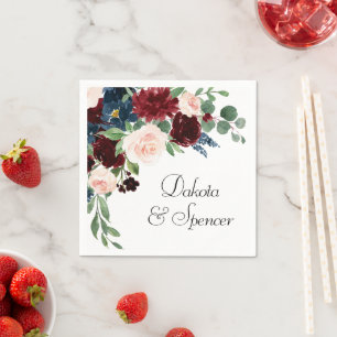 Boho Bloom   Burgundy Red and Navy Blue Floral Napkin