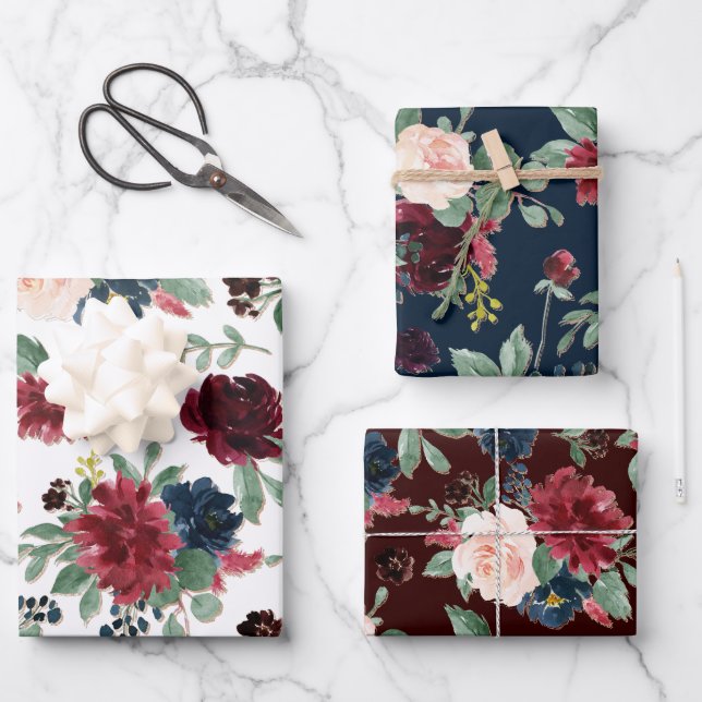Boho Bloom | Burgundy Red and Navy Blue Floral Wrapping Paper Sheet (Front)