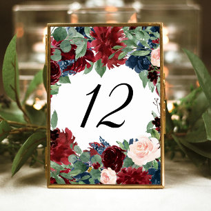 Boho Bloom   Burgundy Red and Navy Blue Frame Table Number
