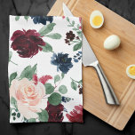 Boho Bloom | Burgundy Red and Navy Blue Pattern Kitchen Towel<br><div class="desc">Sophisticated hand-painted boho chic watercolor floral with gorgeous burgundy marsala red and blush pink radiant blooms with navy blue accent flowers embellished by botanical laurel and dark red diamante sparkle. From the "Boho Bloom" collection, this layout features rich Bohemian wildflowers with eucalyptus greenery foliage. For other colours or matching products,...</div>