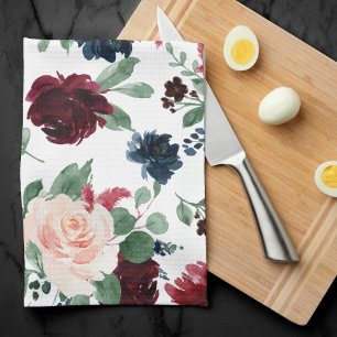 Boho Bloom   Burgundy Red and Navy Blue Pattern Kitchen Towel
