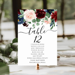Boho Bloom   Burgundy Red and Navy Blue Seating Table Number