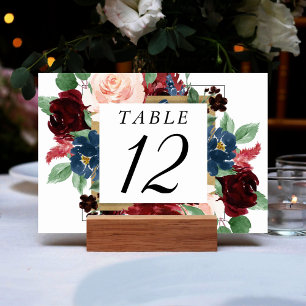 Boho Bloom   Burgundy Red and Navy Blue Wreath Table Number