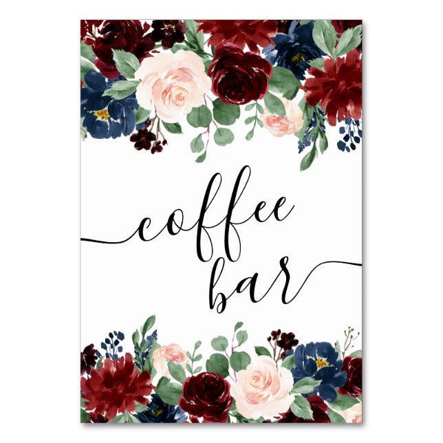 Boho Bloom | Burgundy Red and Navy Coffee Bar Table Number (Front)