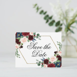 Boho Bloom Burgundy Red and Navy Save the Date Postcard