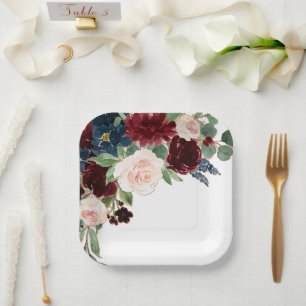 Boho Bloom Burgundy Red Blush and Navy Blue Paper Plate