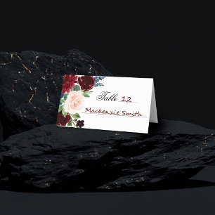 Boho Bloom   Burgundy Red Blush Navy Blue Bouquet Place Card