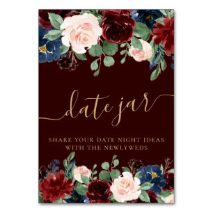 Boho Bloom   Dark Burgundy and Navy Blue Date Jar Table Number